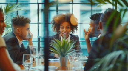 Diverse group of individuals gathered around a table, engaged in conversation and possibly sharing a meal or discussing work