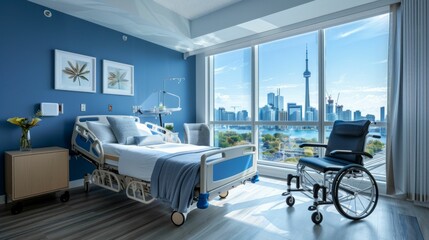 Healing with a View: Modern Hospital Room Overlooking the Cityscape. Generative ai