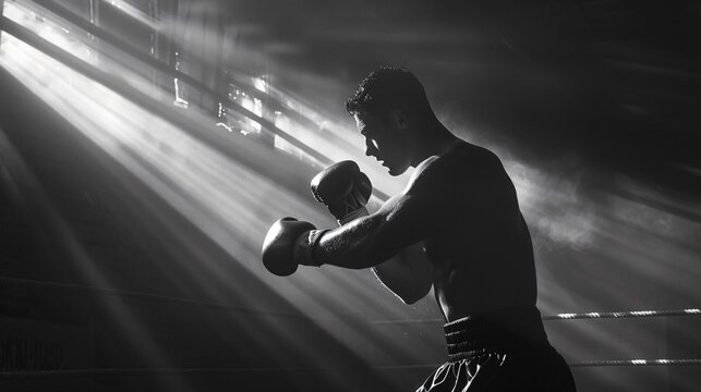 Boxer shadowboxing in a ring the play of light and shadow highlighting his swift precise movements