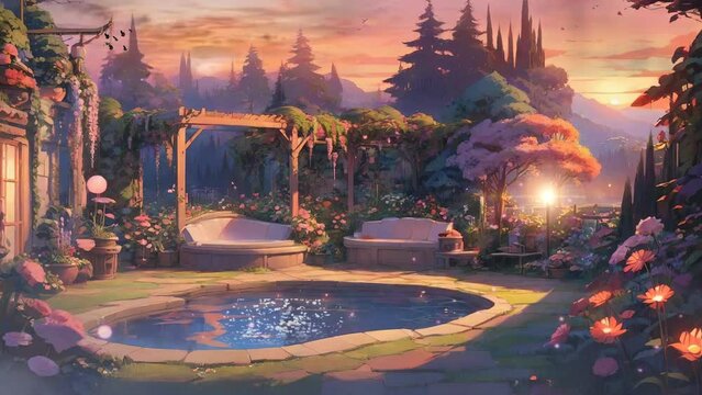Scenic view of a swimming pool nestled in Soe Park on a beautiful day, presented in seamless 4K resolution loop, creating a captivating animated video background.