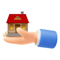 Cute cartoon hand holding or giving beautiful house. 3d realistic icon, isolated on white background. Real estate, purchase or sell, ownership, property or rent concept. Vector illustration