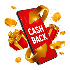 Cash back from shopping online. Realistic 3d golden arrows, which symbolizing the money refund, swirling around smartphone, gold coins and gifts. Isolated on white. Vector conceptual illustration