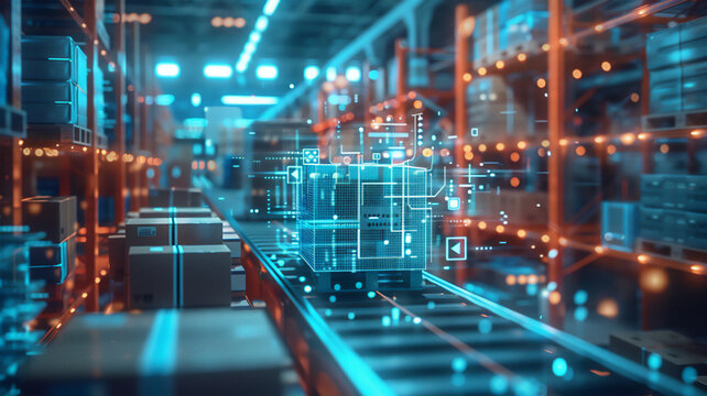 smart warehouse with artificial intelligence, without human intervention. autonomous form of sorting and loading of goods. smart logistics and sorting technologies. Generative AI