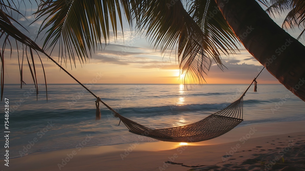 Poster hammock hanging from palm tree on beach. generative ai.