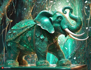 An indian elephant by the green flower in blue light illustration on a dark background