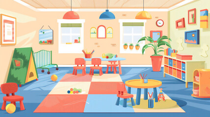 A simple illustration of a nursery nursery playroom in a kindergarten. Generative AI