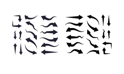 set black arrow vectors with different shape directions, silhouette of black arrows,