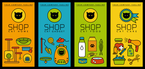 Série de 4 flyers colorés, illustrés de pictogrammes représentant divers accessoires pour les chiens. - obrazy, fototapety, plakaty