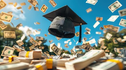 Academic hat thrown into the air surrounded by paper bills against a blue sky. The concept of paid education and financial costs of training