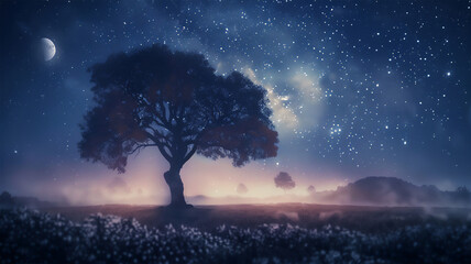 Realistic image of a hazy sky illuminated by moonlight, a man and a woman sitting on a swing under a tree. Generative AI
