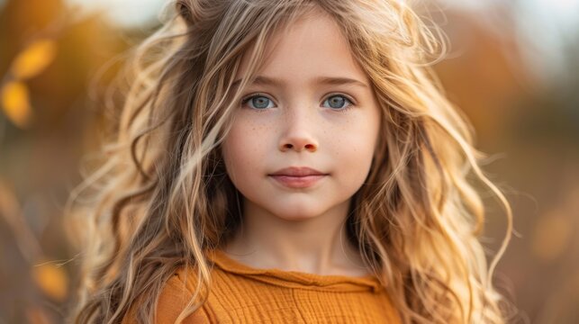 A little girl with long blonde hair and striking blue eyes standing outdoors