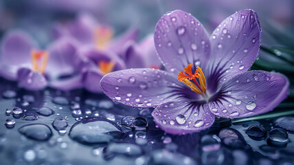raindrops sparkle on blue and purple crocuses, tranquil style photo. Generative AI