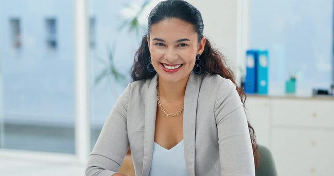 Smile, human resources and administration with business woman at desk in office for recruitment. Portrait, company and hiring with happy young employee in workplace interview, orientation or welcome