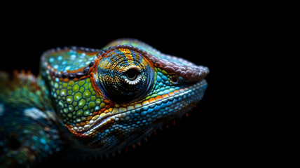 Obraz premium portrait of an colorful face of a chameleon detailed on black background. Generative AI