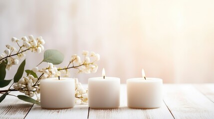 Naklejka na ściany i meble White candle with a beautiful flower on the table.