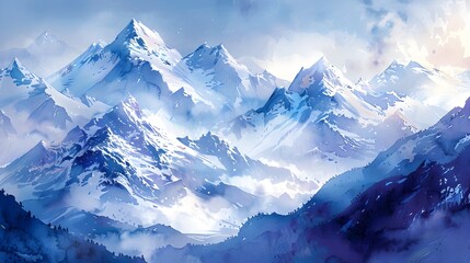 Fototapeta premium Abstract Watercolor Snowcapped Mountains in Panoramic View with Cinematic Lighting and Icy Blue Hues