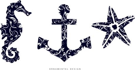 Silhouettes decorated with Victorian ornaments and curls. Seahorse, anchor and starfish: symbols, logo idea, elegant designs for luxury composition.