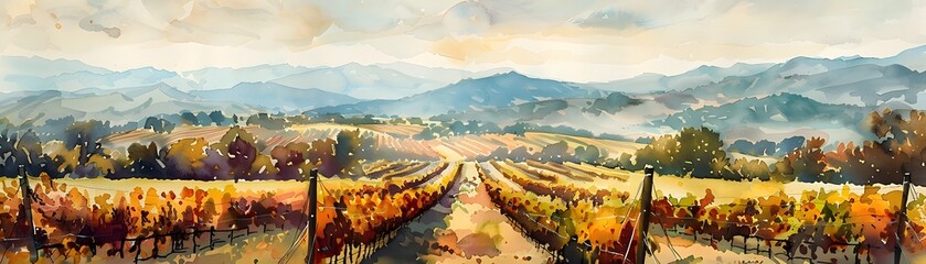 A painting of a vineyard with a cloudy sky in the background - obrazy, fototapety, plakaty
