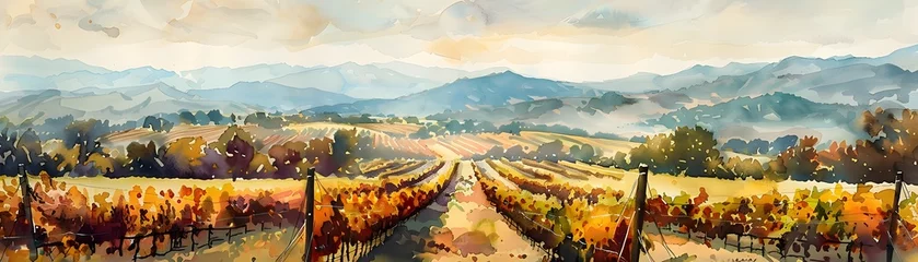 Fotobehang A painting of a vineyard with a cloudy sky in the background © Wuttichai