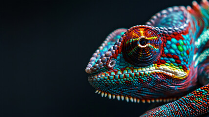 Fototapeta premium portrait of an colorful face of a chameleon detailed on black background. Generative AI