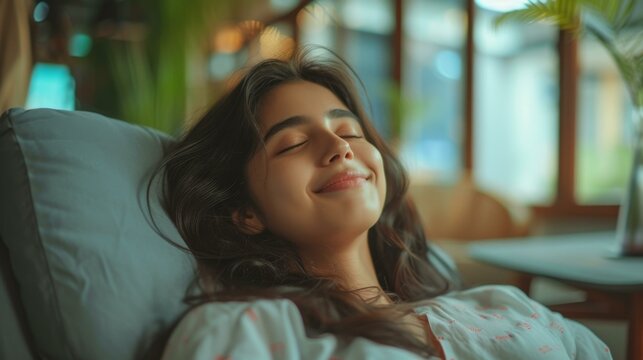 A multiracial woman is seen reclined on a couch with her eyes shut