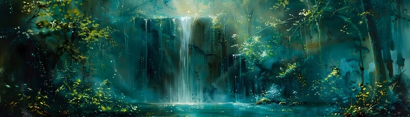Enchanted Rainforest Waterfall. Highlighting the untouched beauty and mystical atmosphere of nature - obrazy, fototapety, plakaty