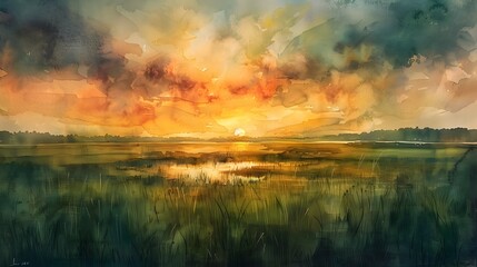 Watercolor Sunset Over To provide a beautiful and calming piece of wall art featuring a sunset - obrazy, fototapety, plakaty