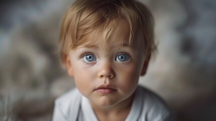 A multiracial little boy with striking blue eyes is gazing directly at the camera