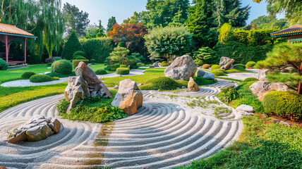 The heart of the Japanese garden, a place for meditation.Zen garden, which is a miniature stylized landscape. It is filled with compositions of stones, gravel, white sand and plants. Generative AI