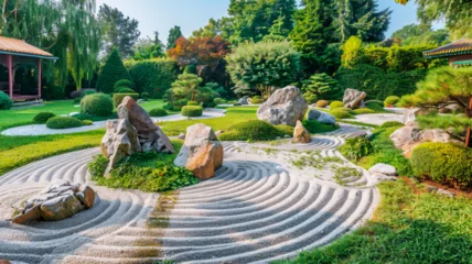 Zelfklevend Fotobehang Stenen in het zand The heart of the Japanese garden, a place for meditation.Zen garden, which is a miniature stylized landscape. It is filled with compositions of stones, gravel, white sand and plants. Generative AI