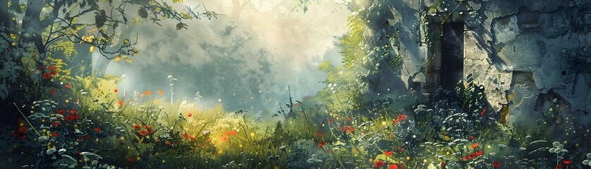 Fototapeta na wymiar Ancient Stone Wall in Lush Moss-Covered Forest, Dreamlike Ethereal Light, Digital Painting