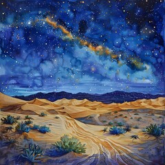 Watercolor Night Sky Over Desert Dunes with Milky Way and Blue Hues
