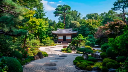 Foto auf Alu-Dibond The heart of the Japanese garden, a place for meditation.Zen garden, which is a miniature stylized landscape. It is filled with compositions of stones, gravel, white sand and plants. Generative AI © Юрий Маслов