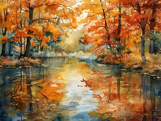 Serene Autumn Forest River Scene in Watercolor, To evoke a sense of peace and tranquility through the beauty of the autumn forest and river scene