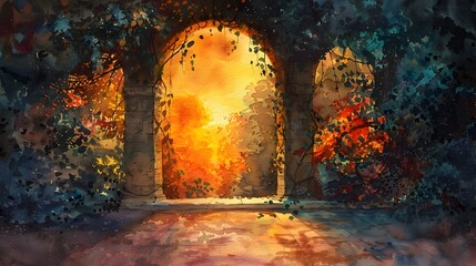 Watercolor Ancient Stone Archway at Dawns Golden Light Amid Lush Foliage