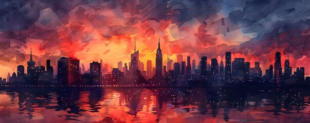 Watercolor Sunset Over New York City Skyline, To convey the beauty and energy of New York City at night, this artwork would make an excellent - obrazy, fototapety, plakaty