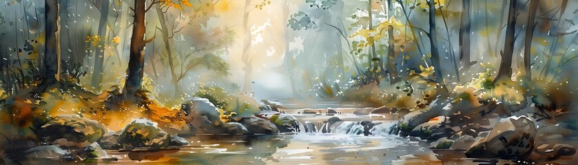 Watercolor Forest Stream with Sun Rays, To provide a peaceful and calming image for use in graphic design, desktop background