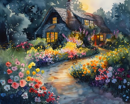 Watercolor Painting of Old House Surrounded by Wildflowers in Evening Light