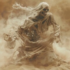 a skeletal witch made by sand, surrounded by sandstorm, desert ambience
