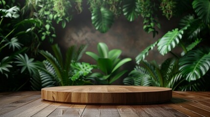 A wooden table is set against a backdrop of a lush plant wall