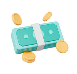 3D money icon, cash bundle and floating coins isolated simple icon. 3d rendering