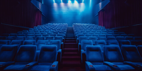 Kino mit Sitzen und Bühne im schönen blauen Licht, ai generativ - obrazy, fototapety, plakaty
