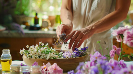 With a gentle hand, the woman selects fragrant botanicals such as lavender, jasmine, and rose...
