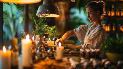 In a tranquil space adorned with flickering candles, the woman prepares a selection of aromatic herbs and spices, arranging them on the table alongside bottles of essential oils, i