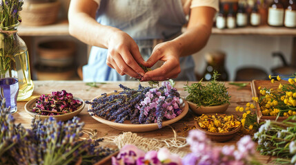 With a delicate touch, the woman prepares bundles of dried lavender, rose petals, and chamomile flowers, arranging them on the table next to an assortment of essential oils, creati - obrazy, fototapety, plakaty