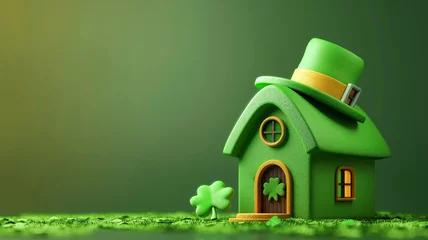 Tapeten A charming 3D-rendered green house adorned with a leprechaun's hat and clover, embodying the whimsical spirit of St. Patrick's Day © praewpailyn