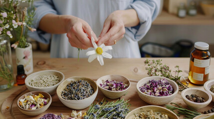 Against a backdrop of soft, earthy tones, the woman arranges bowls of dried herbs and flowers,...
