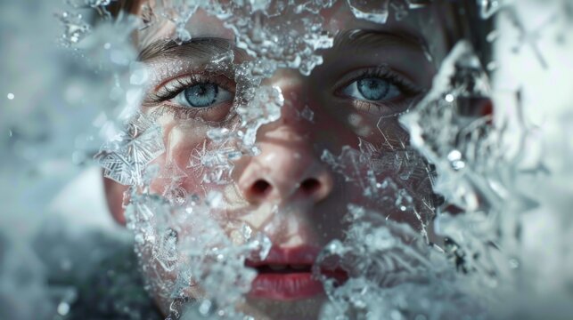 Young boy face covered in ice. Winter portrait in crystals of ice and snow. Frozen face