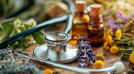 In a close-up shot, a stethoscope rests elegantly next to bottles of essential oils and bundles of medical herbs on a wooden table, offering a juxtaposition of traditional and alte
