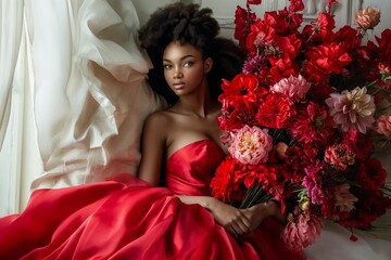 a close-up studio fashion portrait of a young african woman with perfect skin and immaculate make-up wearing red wedding dress and jewelry holding a huge bouquet of red flowers